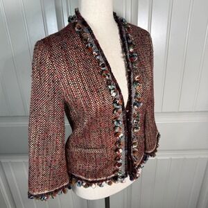 Zara Woman Embellished Tweed Open Front Boho Jacket XS Crochet Pom Trim Festival